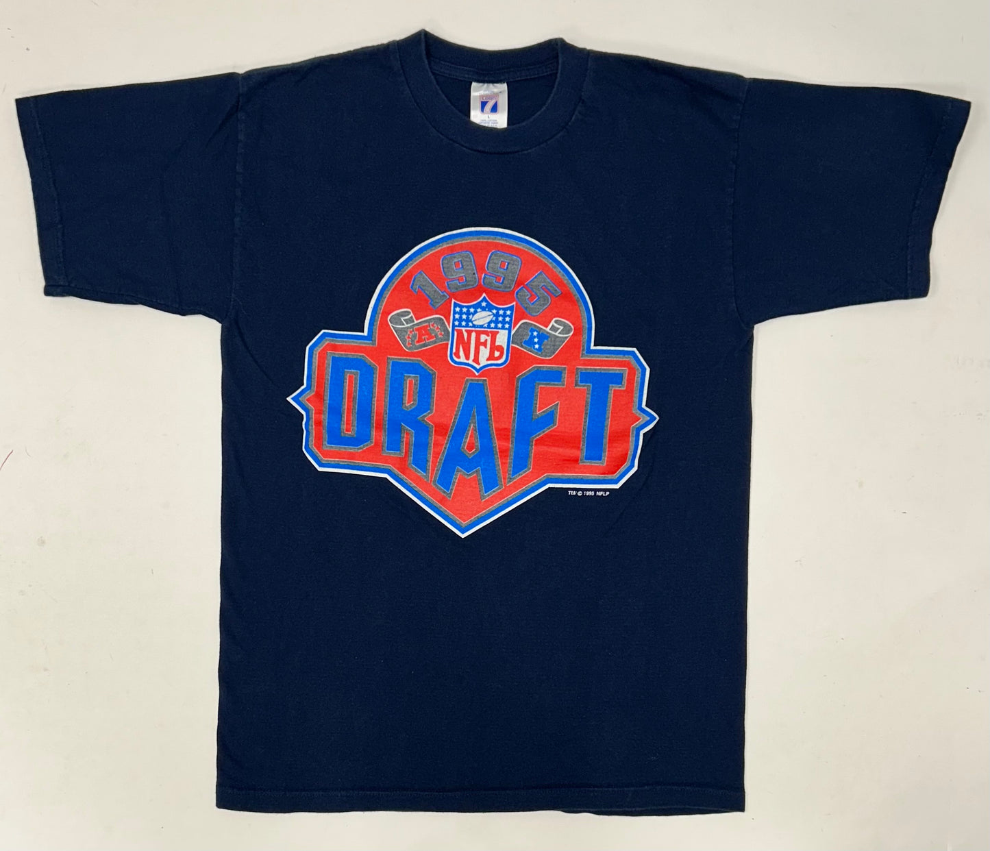 Vintage NFL Draft 1995 Logo 7 Football Tee Large Navy 20.25x29 Inches USA Made