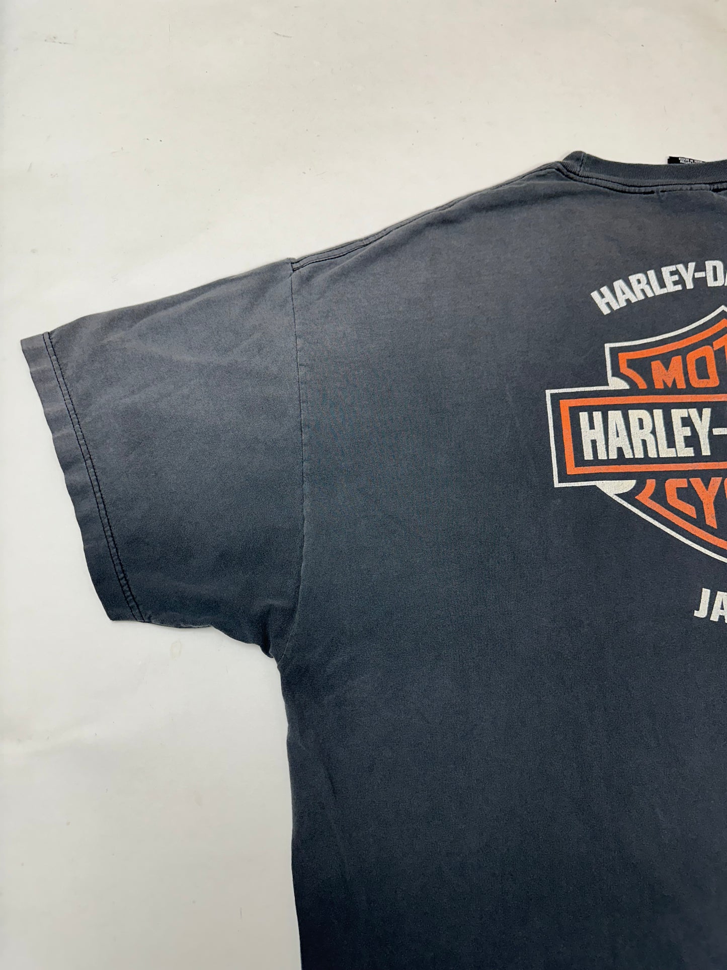 Vintage 00s Harley Davidson Motorcycles Jamaica Pirate Skull Graphic Tee Faded Black 4XL 30x31.5 Inches