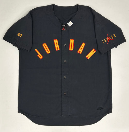 Vintage Nike Air Jordan 'Spellout Logo' Baseball Jersey Black 1991 Rare XL 26.75x32.75/35.25 Inches.