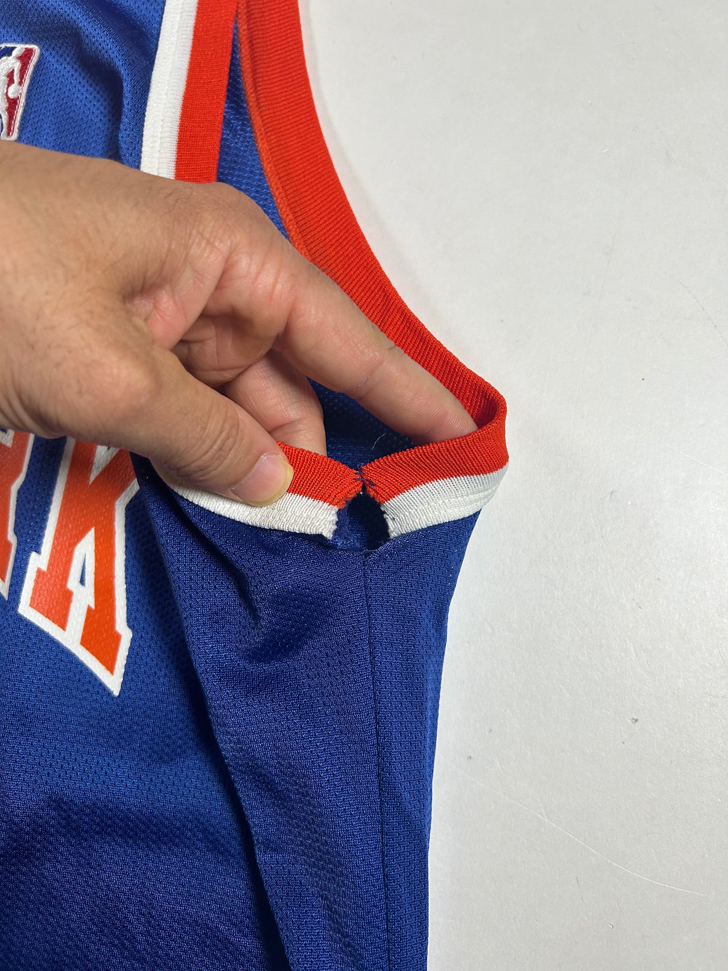 Vintage New York Knicks Patrick Ewing NBA Champion Basketball Jersey 48 XL 23.25x31.5 Inches As Is Has Flaw.