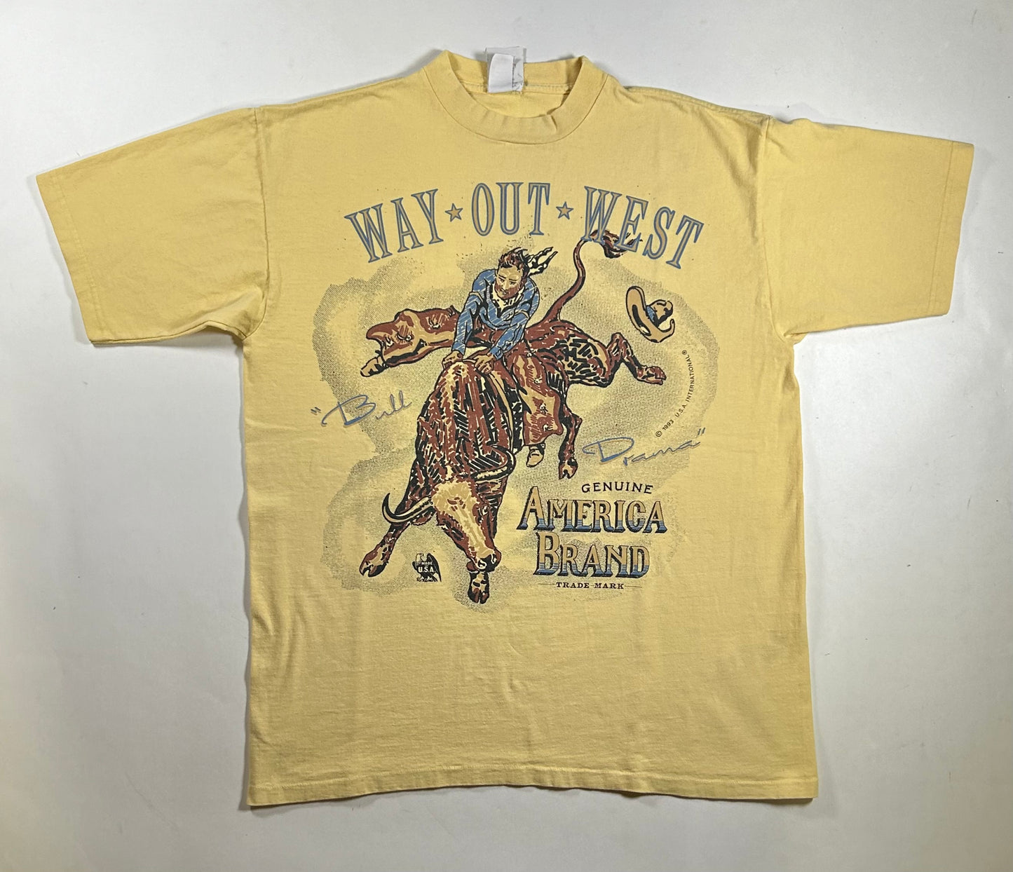 Vintage Way Out West American Brand Western Bull Drama Cowboy 1993 Tee XL Fit 23.5x30.25 Inches