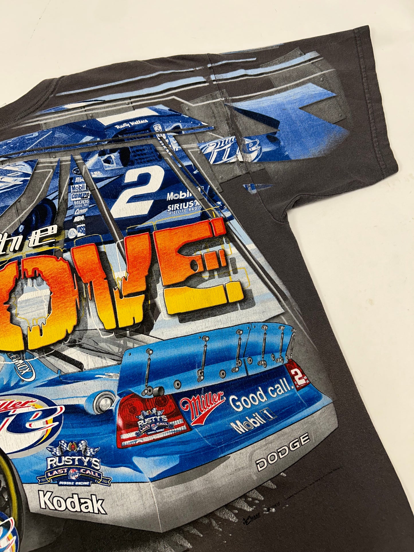 Vintage NASCAR Rusty Wallace Rusty’s Last Call All Over Print Shirt Dodge Car XL 24x30 Inches