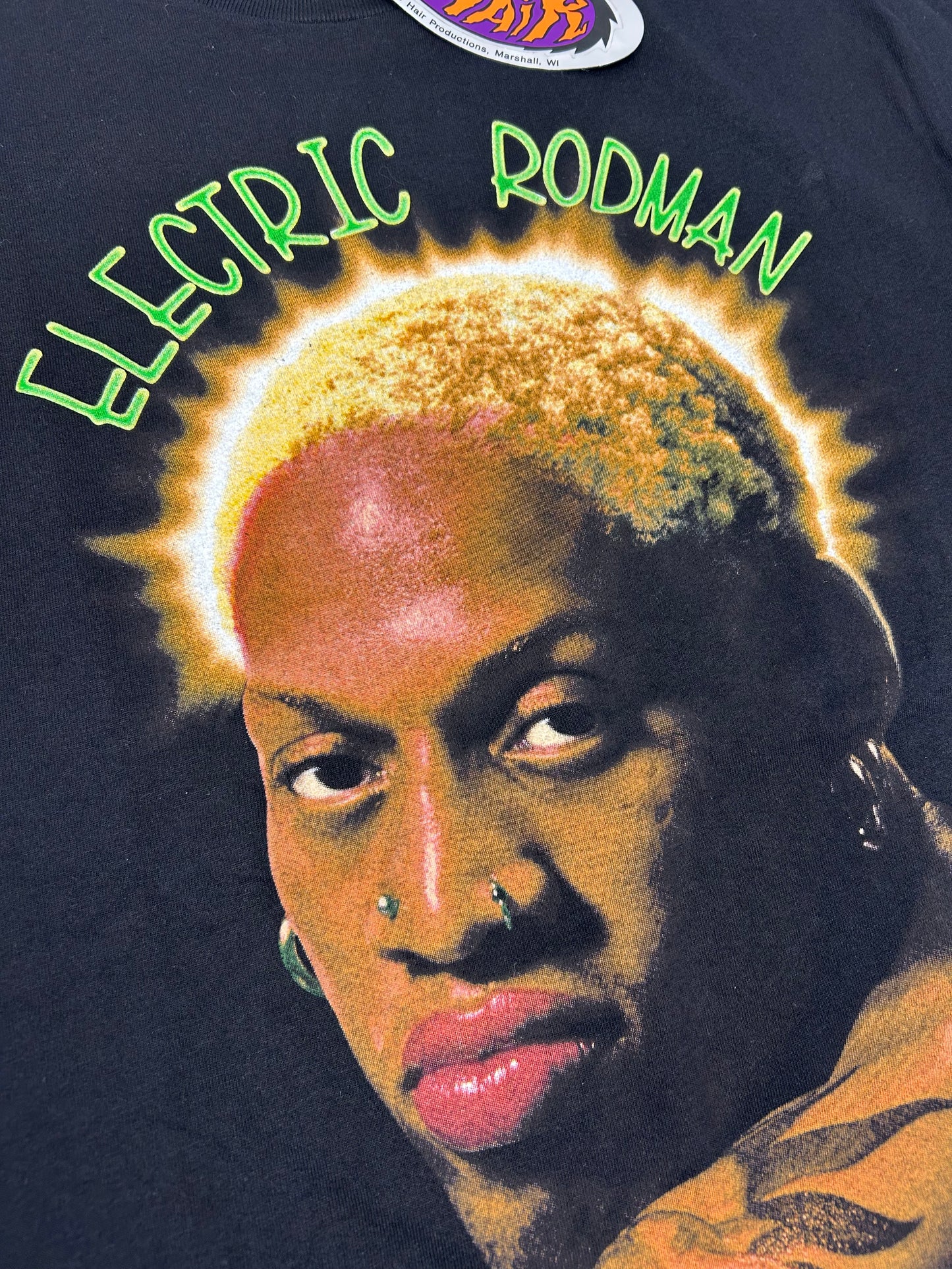 Vintage 1997 Dennis Rodman Electric Rodman Blue Hair Productions Graphic Tee Brand New With Sticker Tag Medium 20x30.25 Inches