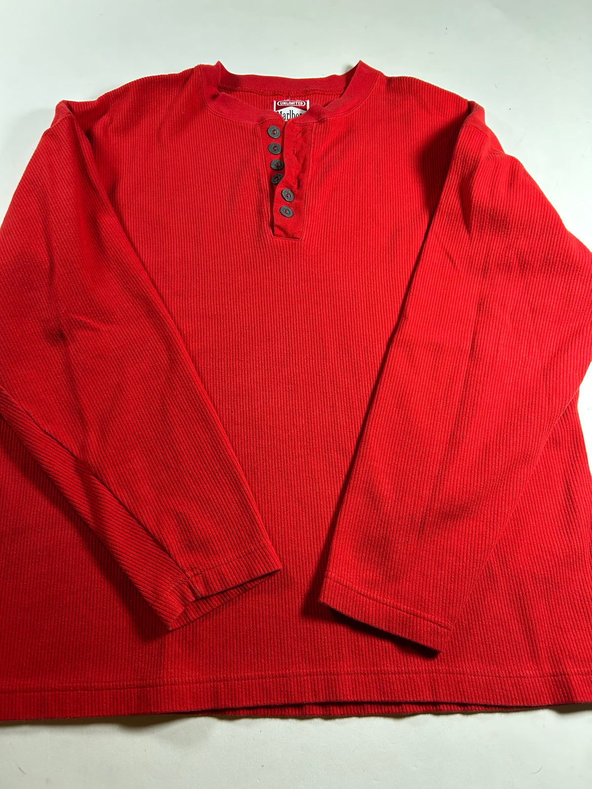 Vintage 90s Marlboro Unlimited Thermal Red Ribbed Cotton Pullover Henley XL 24.75x28.25 Inches