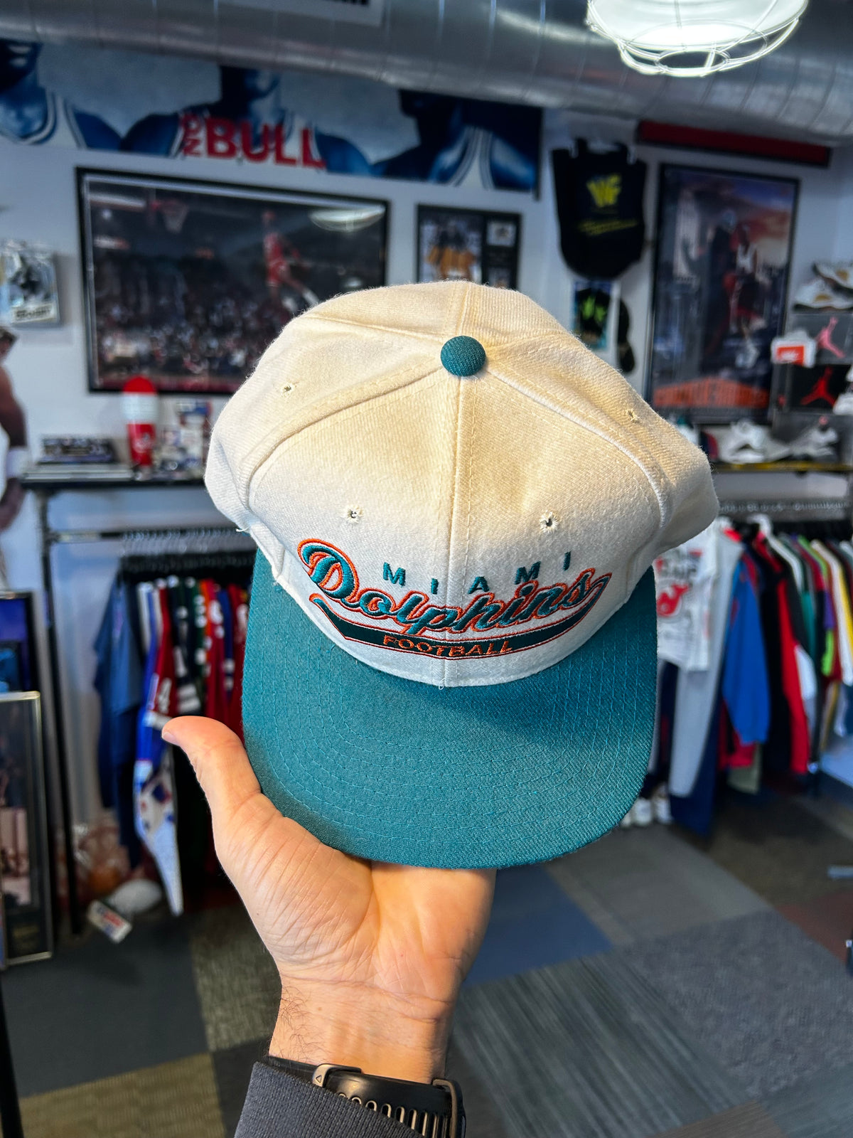 Vintage Miami Dolphins Football NFL Script Snapback Hat Starter Rare 90s Wool