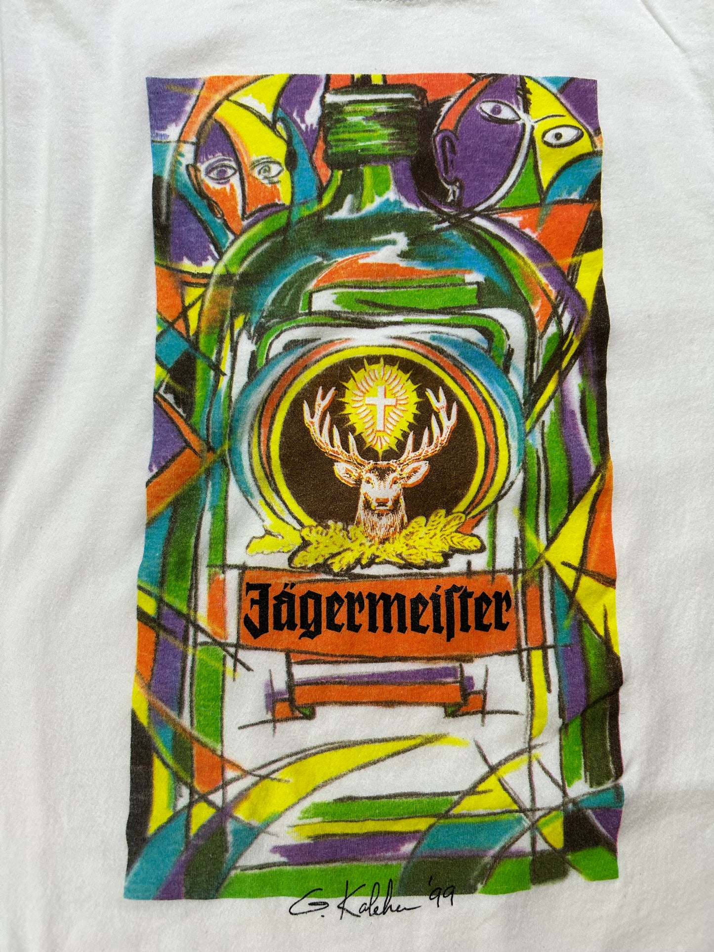Vintage Jägermeister Alchol Promo Art Graphic Tee G. Kalehen ‘99 White XL 25x29 Inches