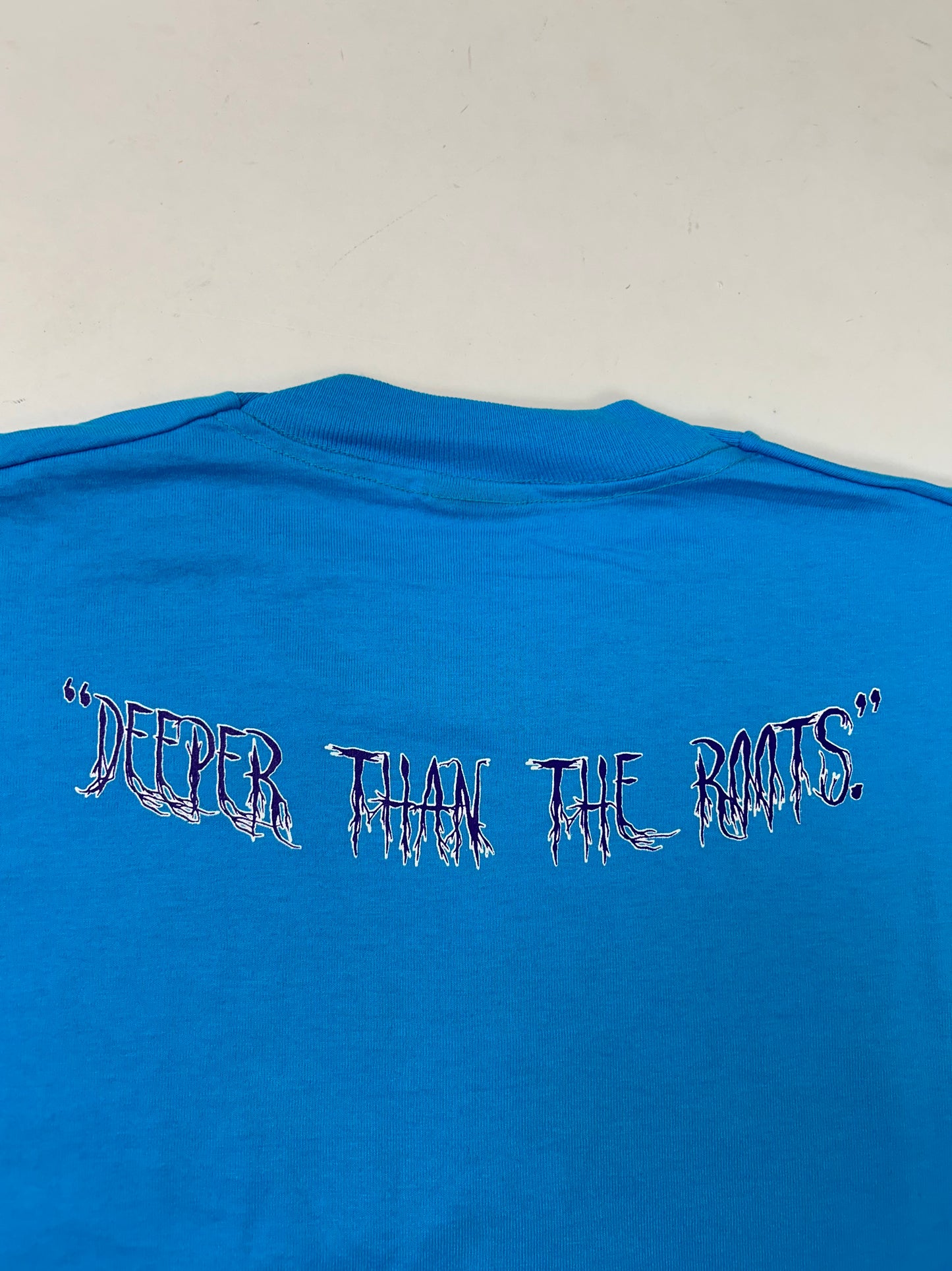 Edgewood NJ first edition “Deeper Than The Roots.” Tee XL 23.25x29.75 Inches FOTL BEST 50/50 Blend USA Made Bright Blue