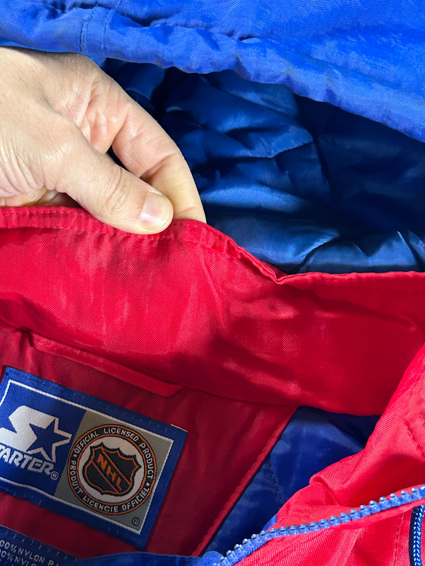 Vintage 90s Starter New York Rangers NHL Pullover Puffer Jacket Half Zip Hooded Jacket XL 29x30.25 Inches