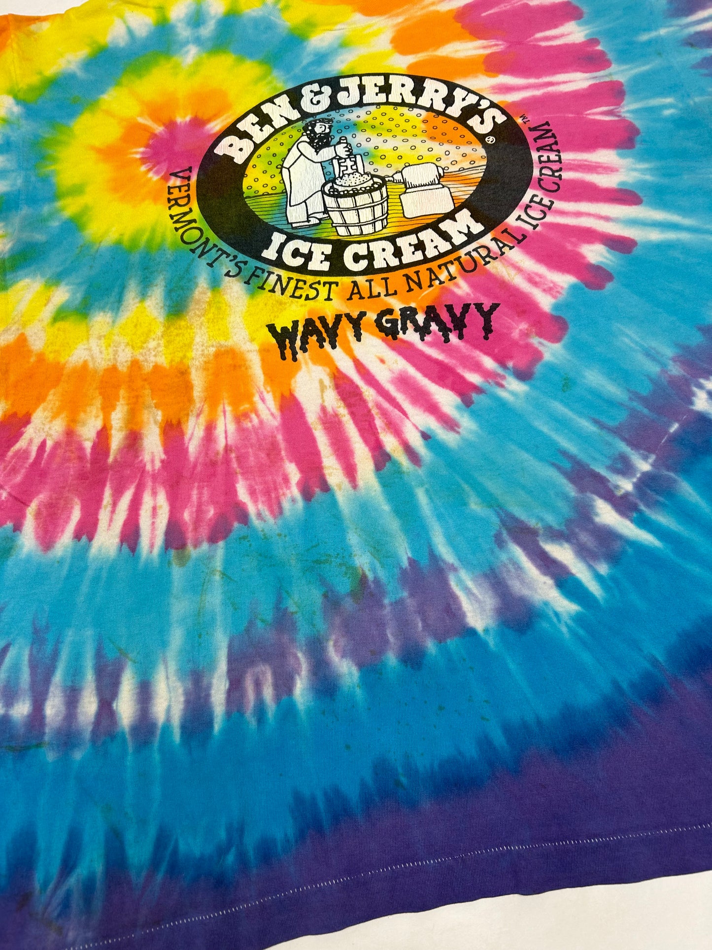 Vintage 90s Ben and Jerrys Wavy Gravy Ice Cream Tie Dye Tee Stained As Is XL 24.5s29.5 Inches