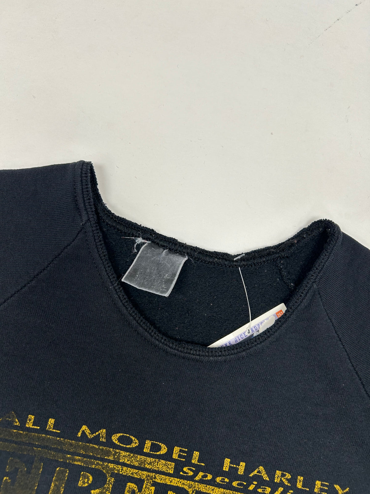Vintage All Model Harley Specialist Fire Brand Warrington England Crewneck Sweatshirt Chopped Collar M/L Fit 22.75x27 Inches As Is Faded & Worn In