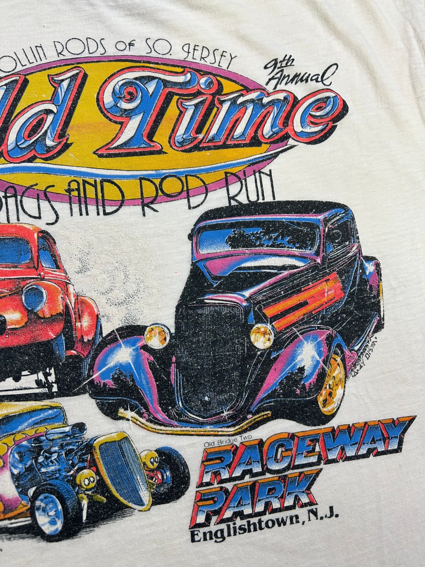 Vintage 1999 9th Annual Rollin Roda Old Time Drags And Rod Run Raceway Park Englishtown NJ Tee Paper Thin Worn In As Is M/L Fit 20x26.25 Inches