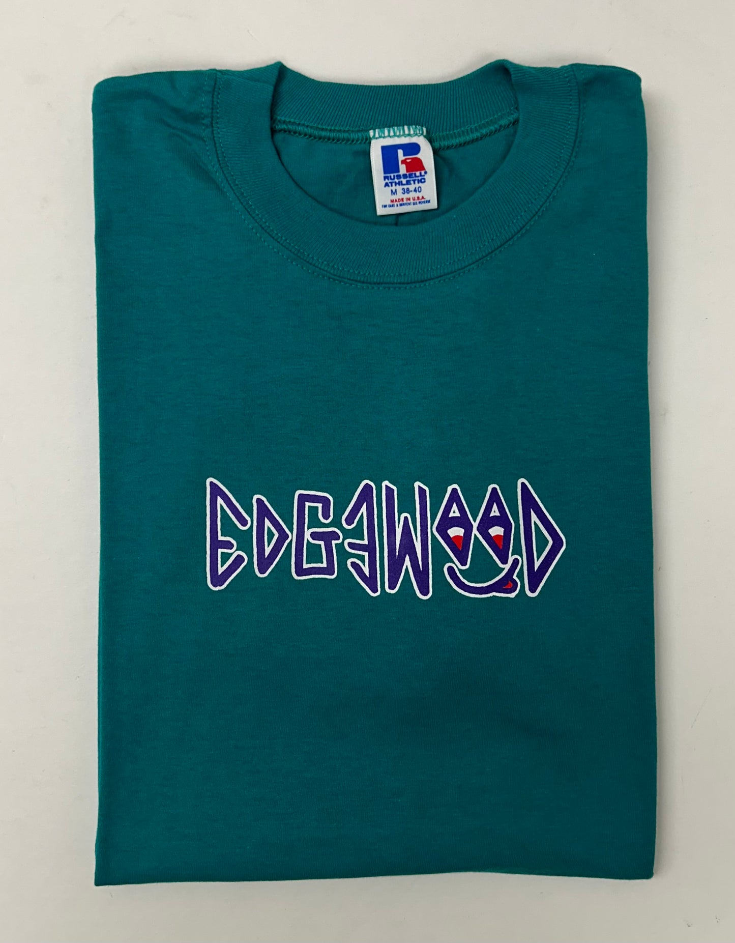 Edgewood NJ first edition “Deeper Than The Roots.” Tee Medium 90s Russell Athletic USA 100% Cotton Aqua Blue