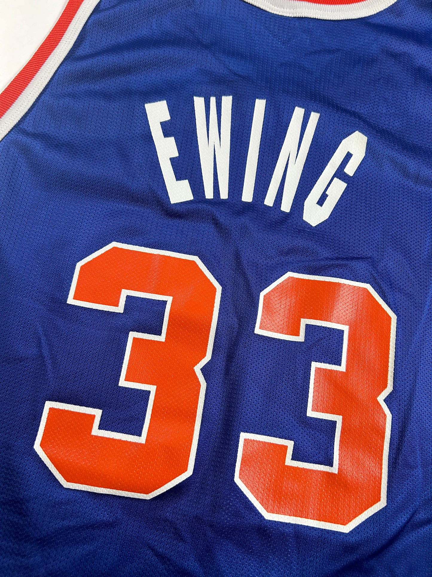 Vintage New York Knicks Patrick Ewing NBA Champion Basketball Jersey 48 XL 23.25x31.5 Inches As Is Has Flaw.
