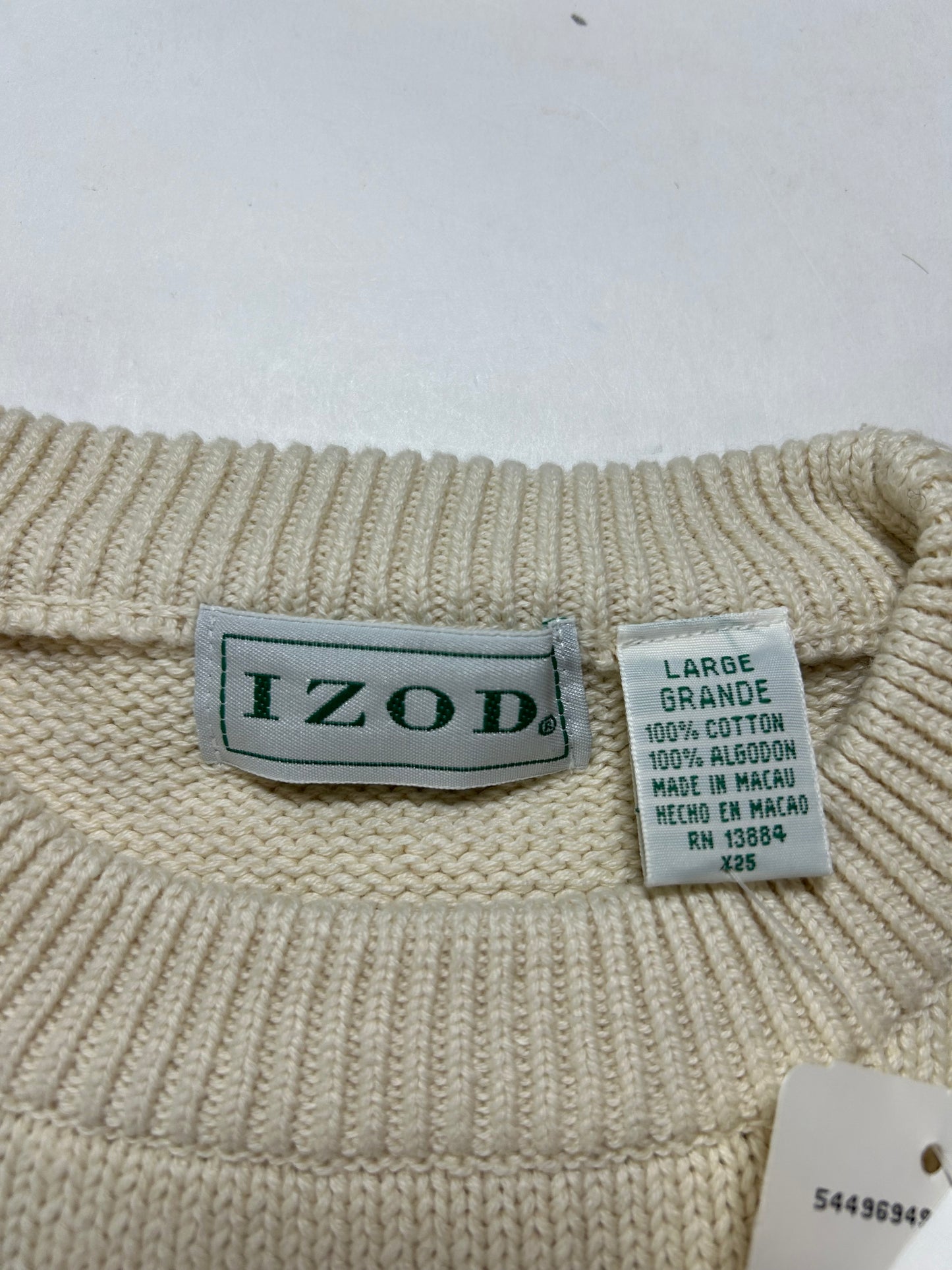 Vintage Izod Championship Golf Sweater Off White Knit Embroidered Mens Large 24.25x27.25 Inches
