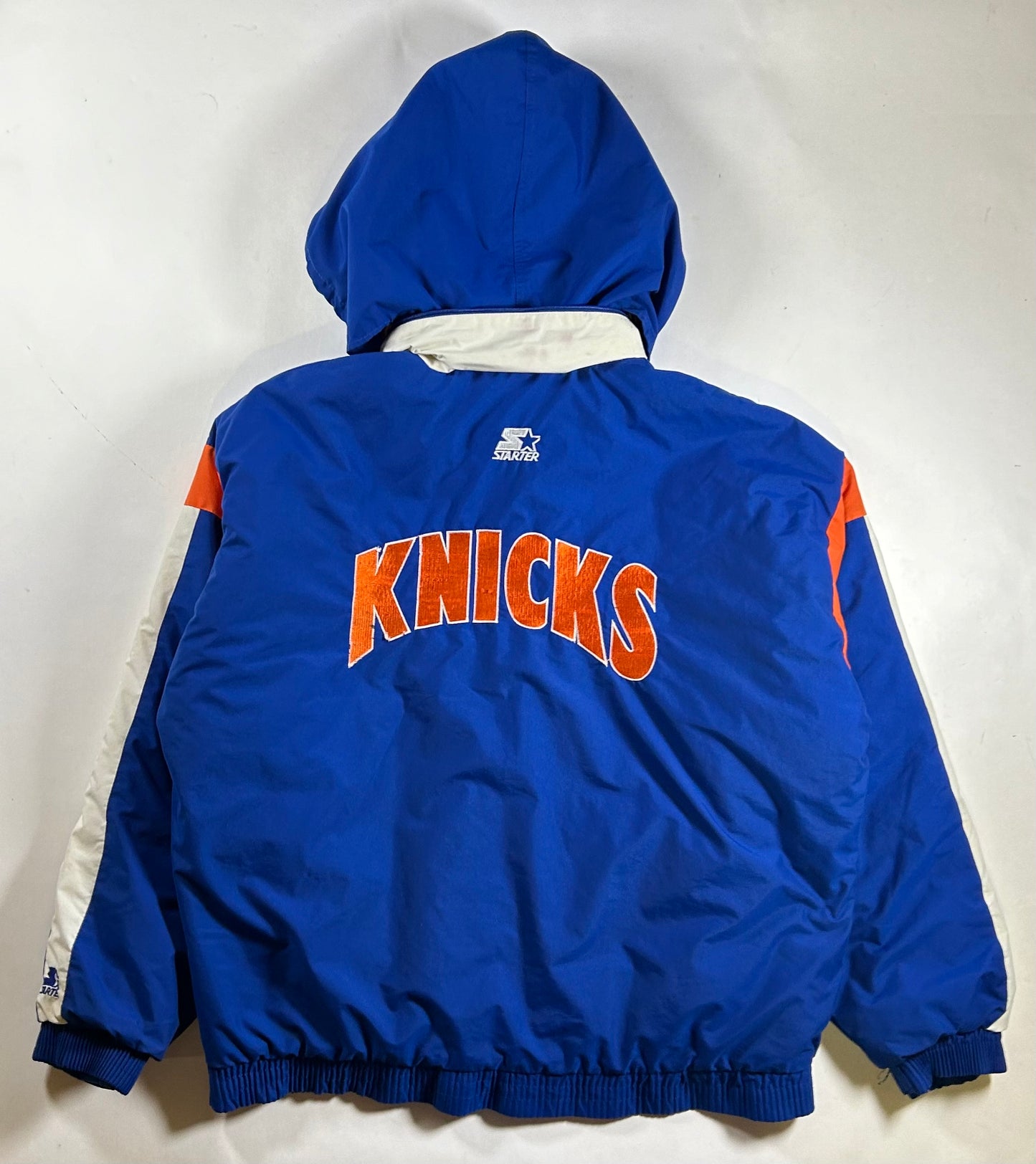 Vintage Starter New York Knicks Puffer Zip Up Packable Hood Jacket NYK XL 29x29.25 Inches As Is Has Stains 90s