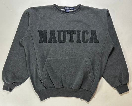 Vintage Nautica Spell Out Crewneck Sweatshirt With Pockets Gray Medium 25x25.25 Inches