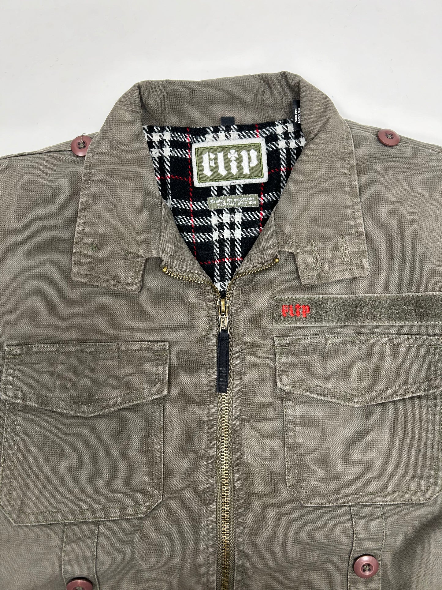 Vintage Flip Skateboards Army Military Style Zip Skateboarding Jacket Medium 24.5x27.25 Inches