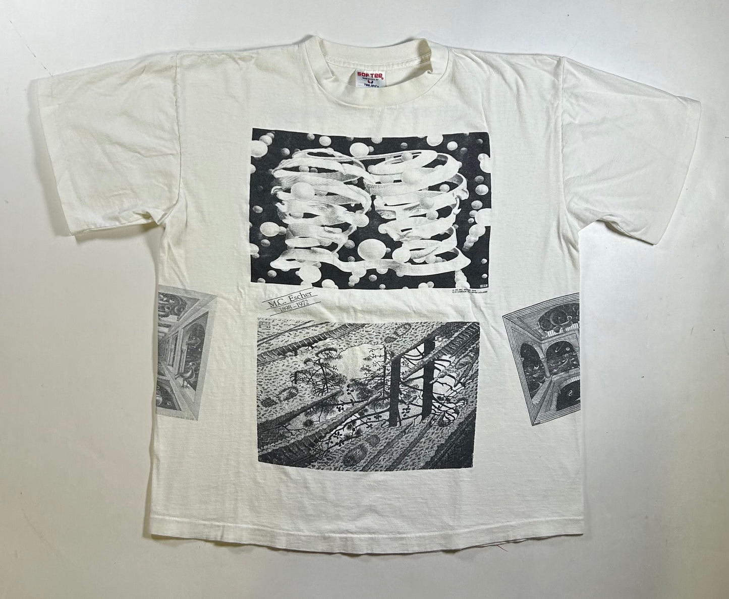 Vintage 1990 M.C. Escher Shirt White All Over Rare Print Art Single Stitch 23x27.75 Inches As Is