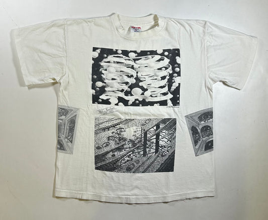 Vintage 1990 M.C. Escher Shirt White All Over Rare Print Art Single Stitch 23x27.75 Inches As Is