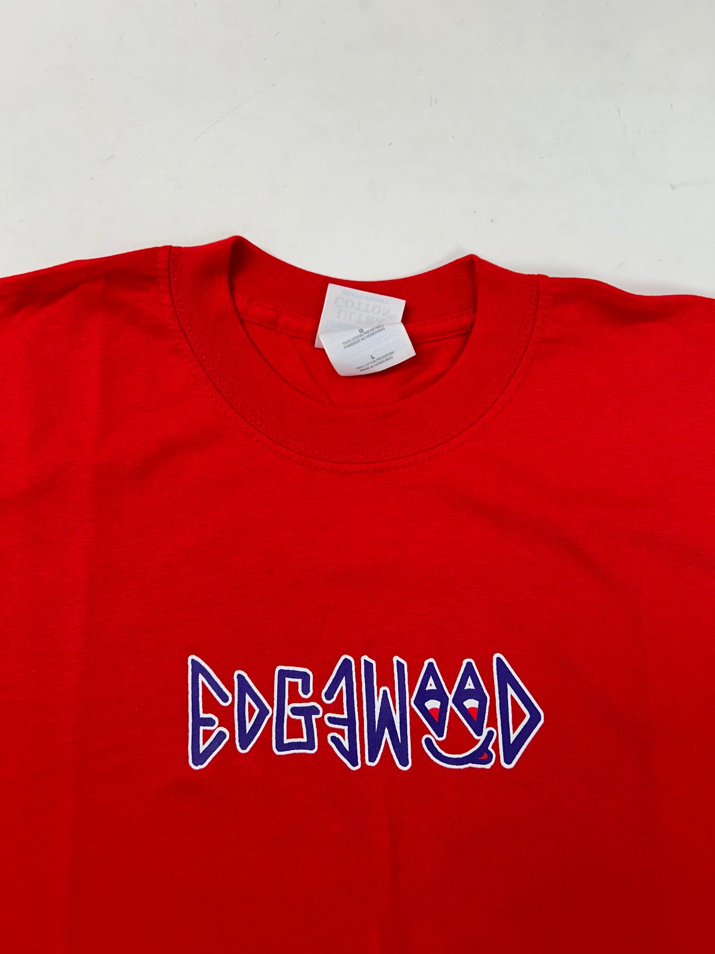 Edgewood NJ first edition “Deeper Than The Roots.” Tee 00s Gildan Ultra Cotton 100% Cotton Honduras Cherry Red