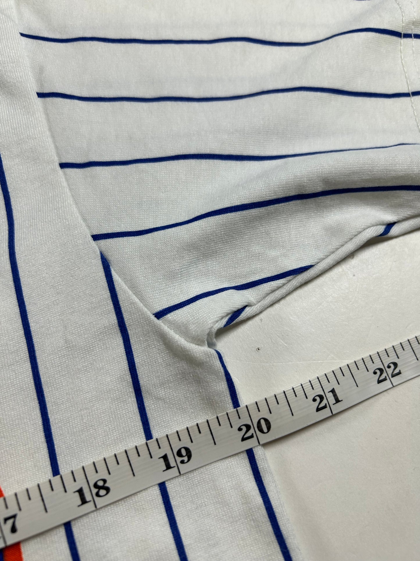 Vintage 90s Russell Athletic New York Mets MLB Pinstripe Baseball Jersey Style Tee Medium 20x29.5 Inches Small Spot