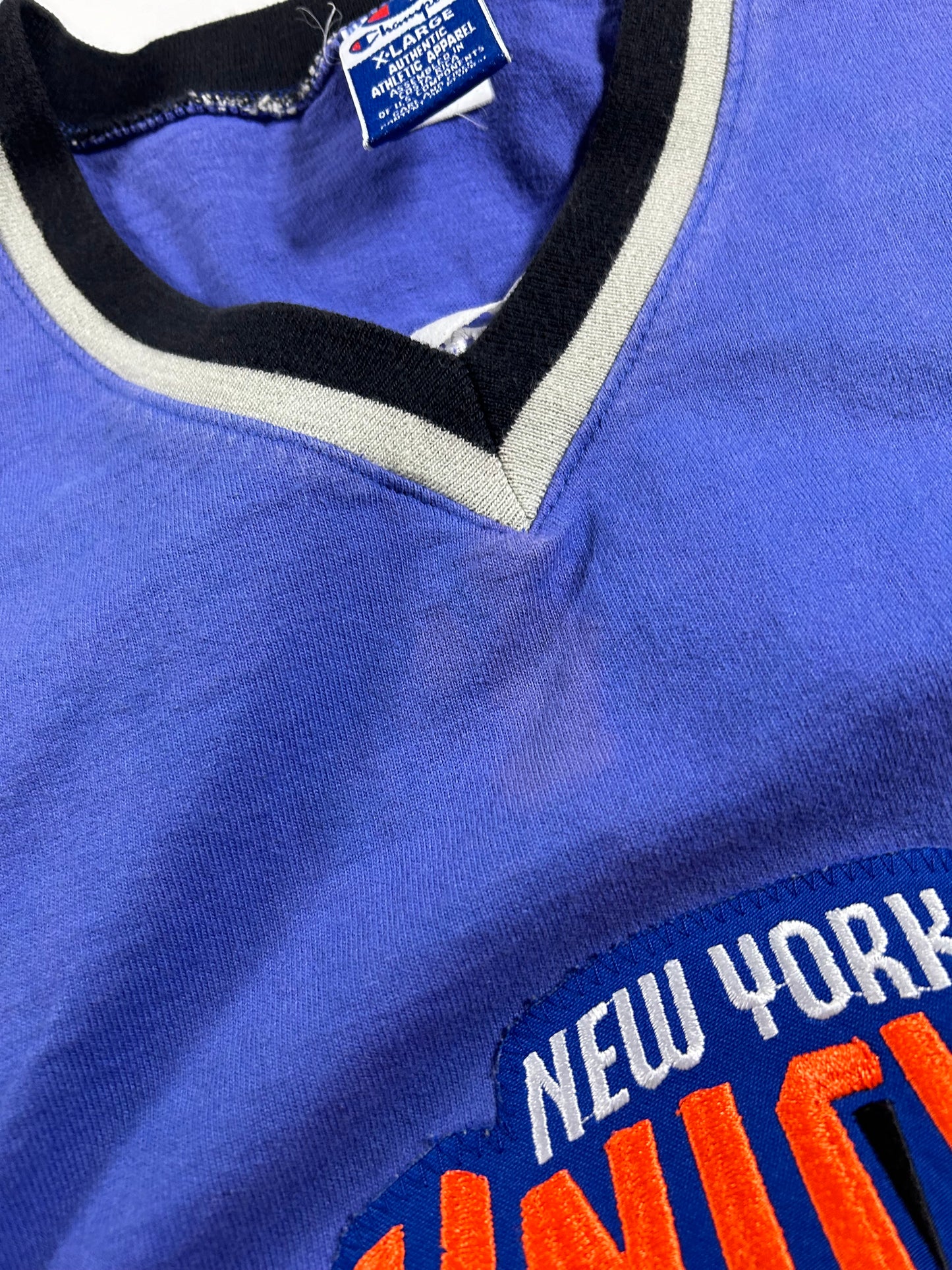 Vintage 90s New York Knicks Champion Authentic Shooting NBA Shirt XL 26x30.25 Inxhes As Is Has Faint Stain On Front Near V-Neck Area