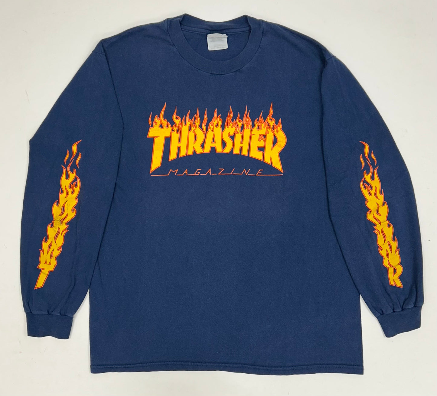 Vintage Thrasher Magazine Skateboard Flames Long Sleeve Skate Tee 22x28.25 Inches Large Hanes Tag