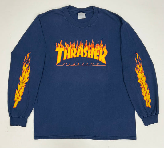 Vintage Thrasher Magazine Skateboard Flames Long Sleeve Skate Tee 22x28.25 Inches Large Hanes Tag