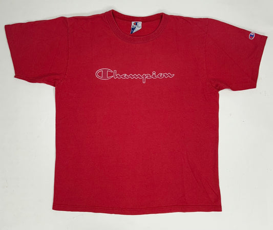 Vintage 90s Champion Script Spell Out Logo Tee Large 23x27.75 Inches Made In USA Tagged Large