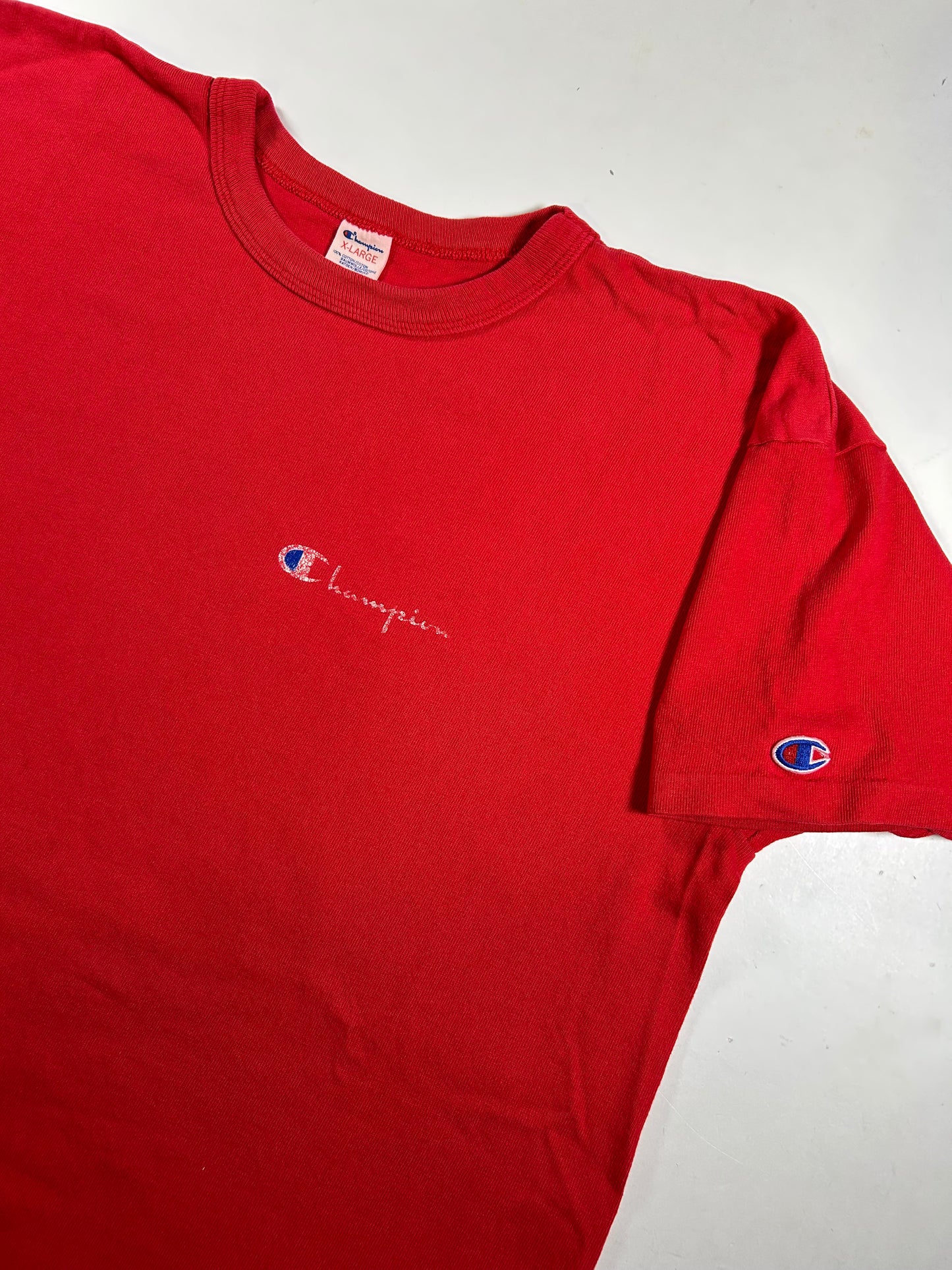 Vintage Champion Chest Script Logo Tee L/XL USA 22.25x31 Inches Red As Is