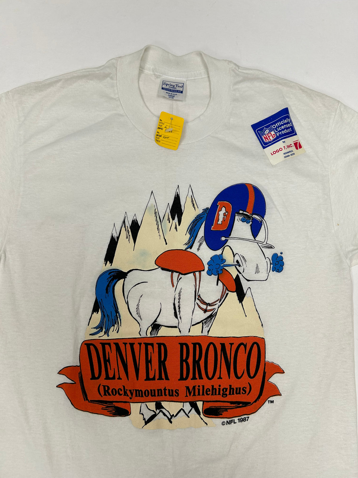 Vintage Logo 7 1987 Denver Broncos Rockymontus Milehighus NFL Tee Small/Med Fit 18.75x27.75 Inches DS Brand New As Is