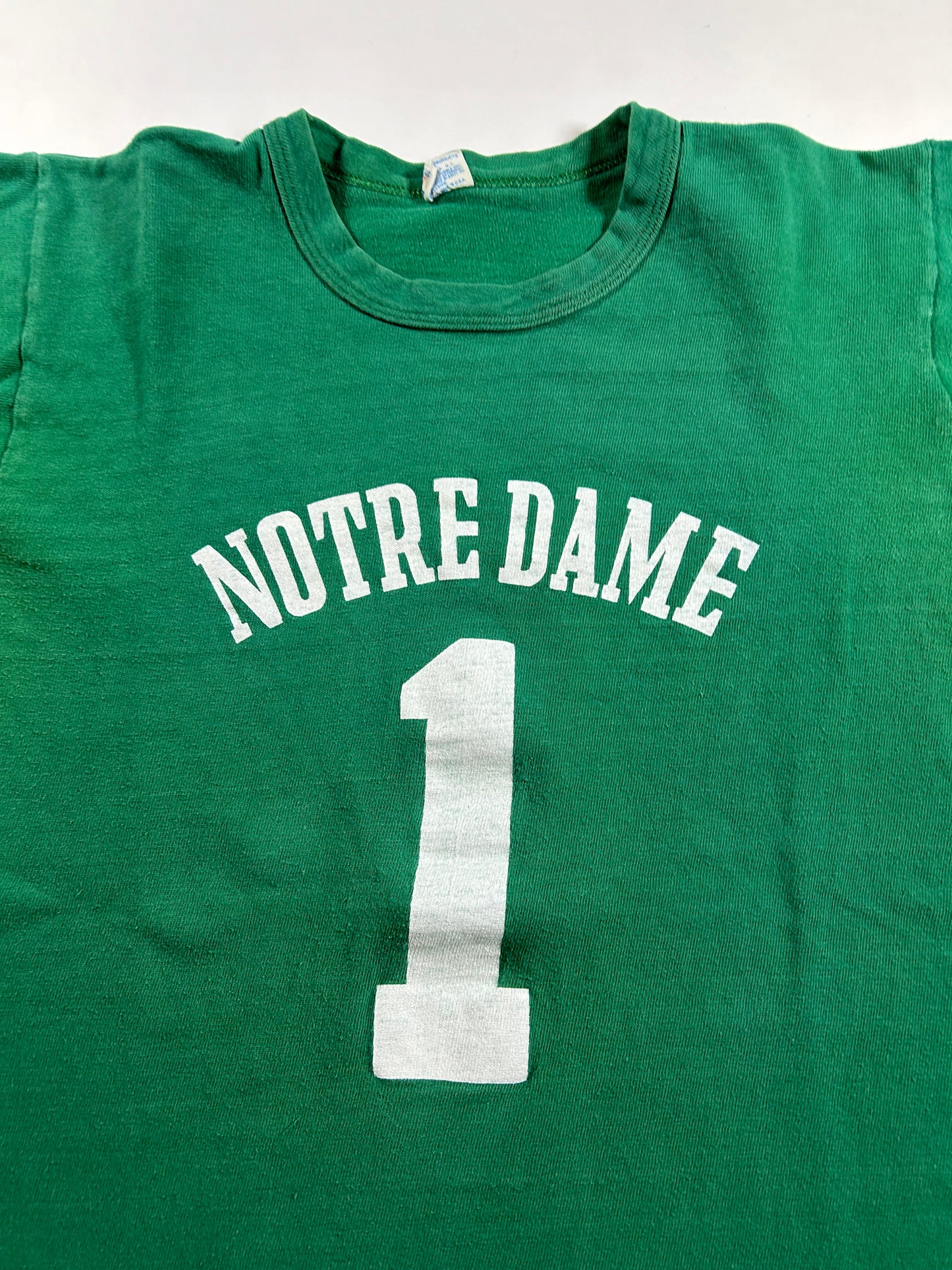 Vintage 70s Notre Dame Champion Blue Bar Green Jersey Style Tee 18.25x26 Inches Small Fit As Is