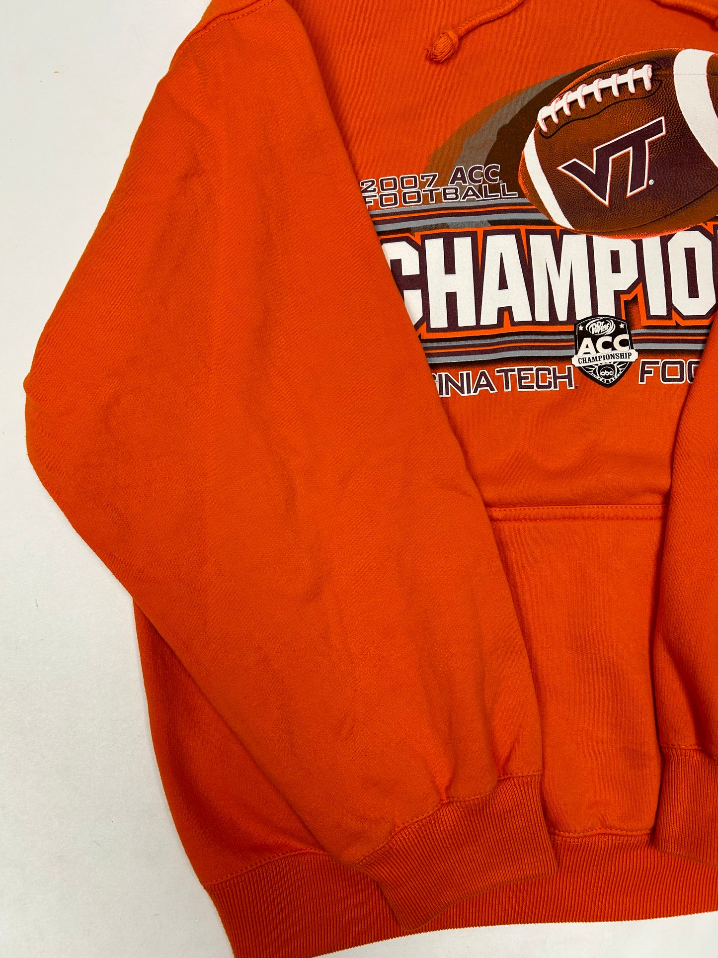 2007 Virginia Tech ACC Football Champions Hooded Sweatshirt Orange Medium 23.75x27 Inches