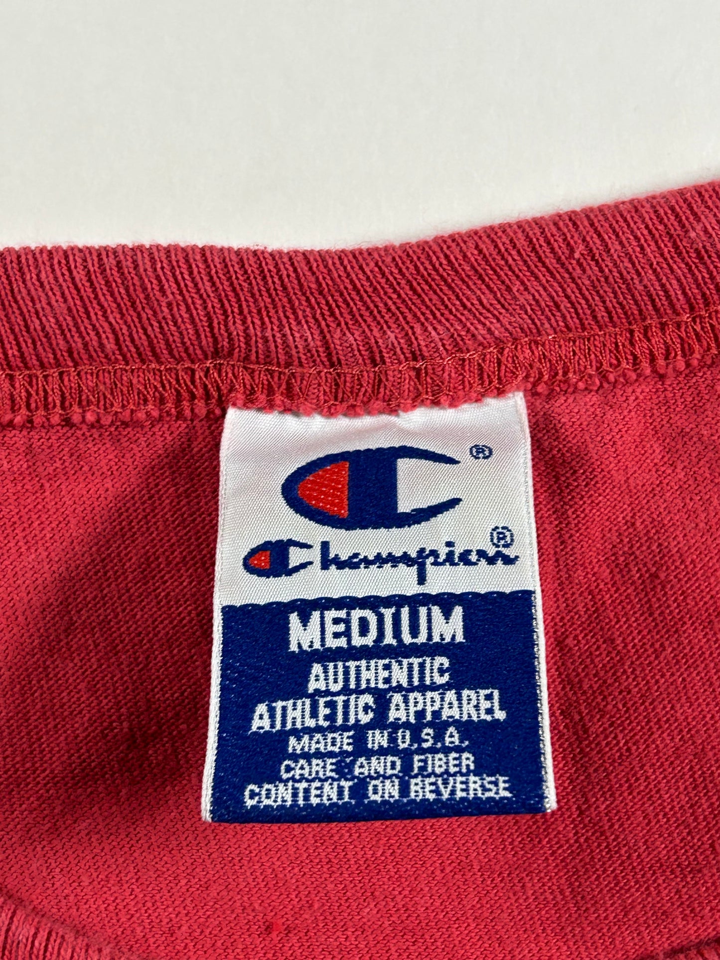 Vintage 90s Champion Chest Script Tee Red Medium 21.5x26.25 Inches