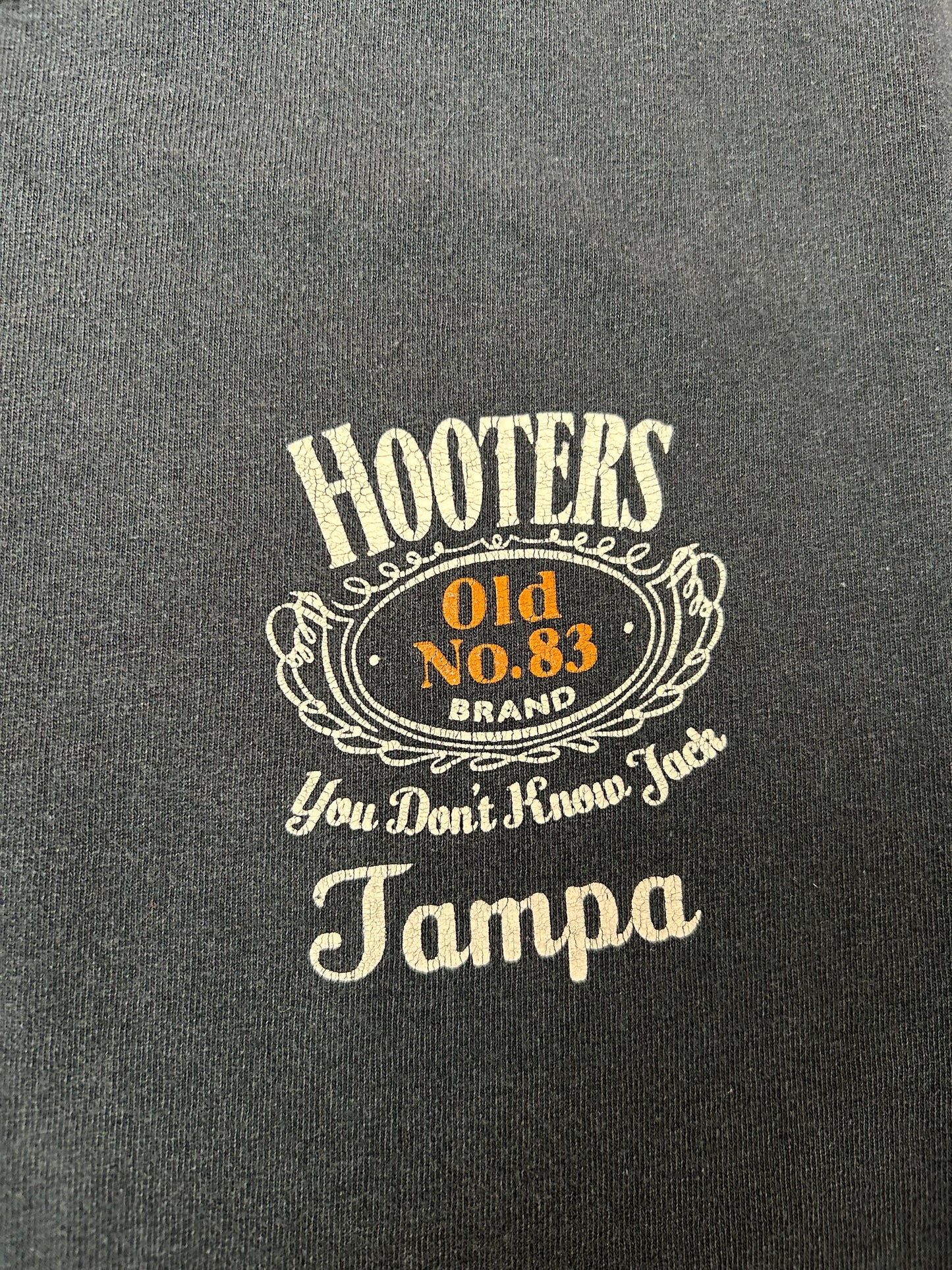 Vintage 2000s Hooters Tampa You Don’t Know Jack Restaurant Jack Daniels Graphic Tee Faded Worn In Worn Large 22.25x28 Inches