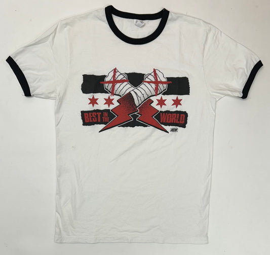 CM Punk T-Shirt Men's White AEW Wrestling “Best in the World” Ringer Tee Medium 19.75x28.25 Inches
