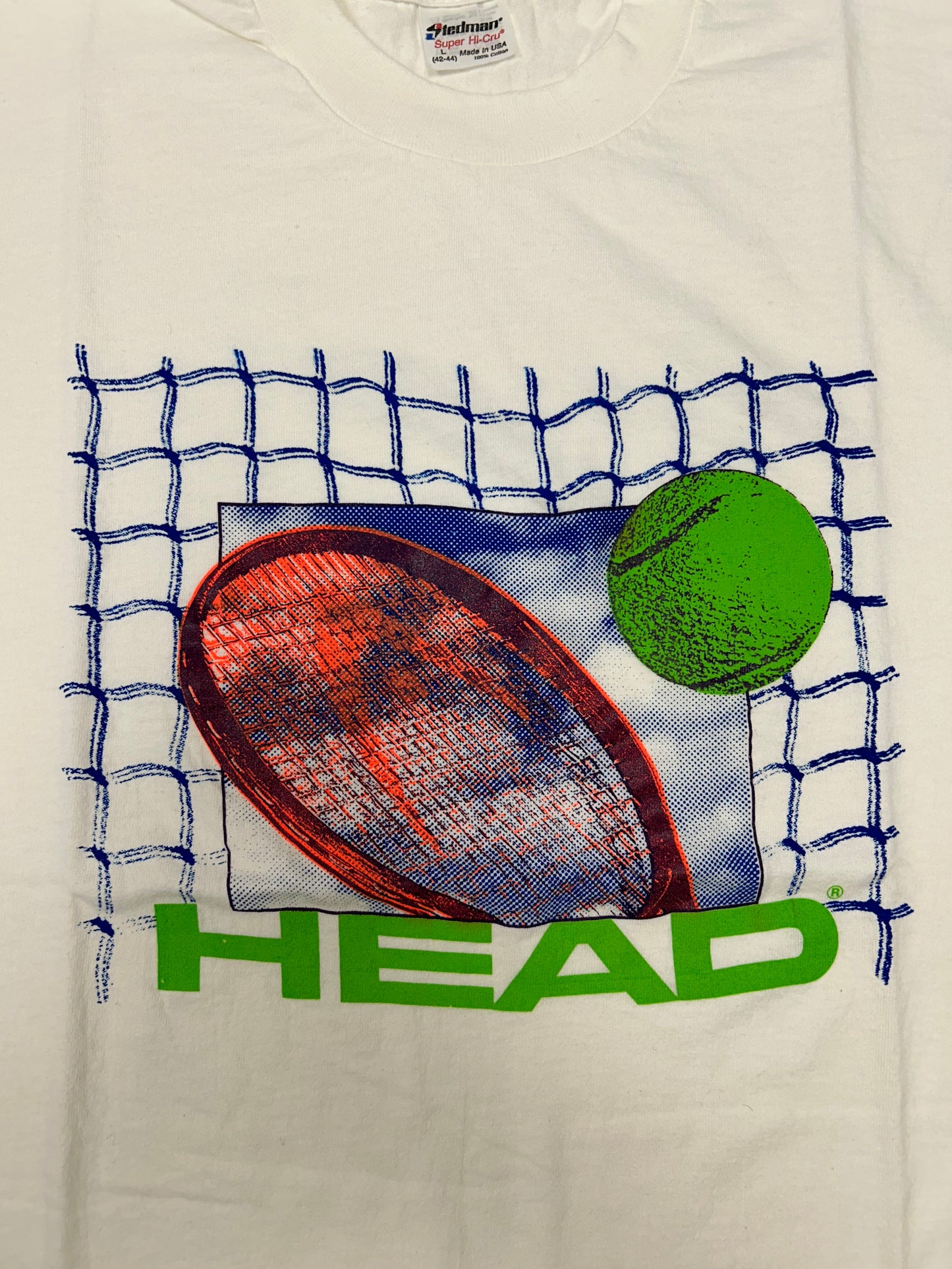 Vintage Head Tennis Brand Logo Tee 90s Stedman Tennis Racquet White Large/Medium Fit 20.75x28.5 Inches
