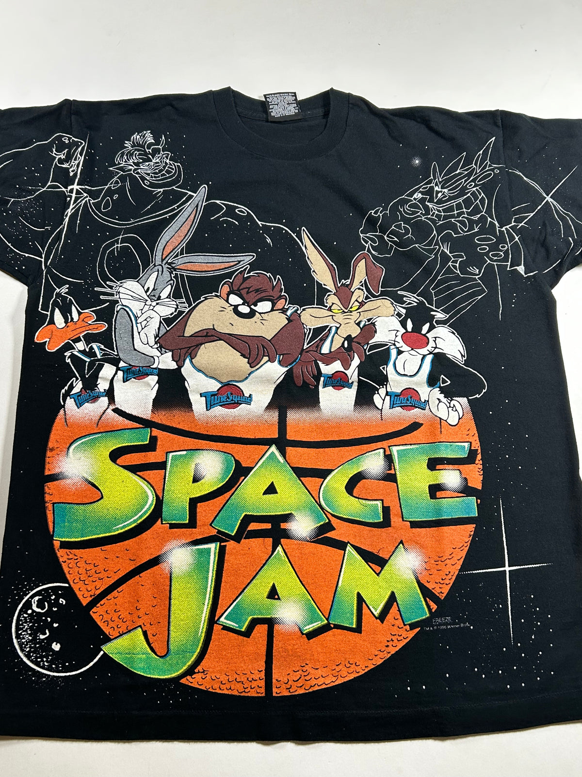 Vintage Space Jam Movie Promo Tee 1996 Freeze Looney Tunes All Over Print Rare L/XL Fit  23.25x28.25 Inches