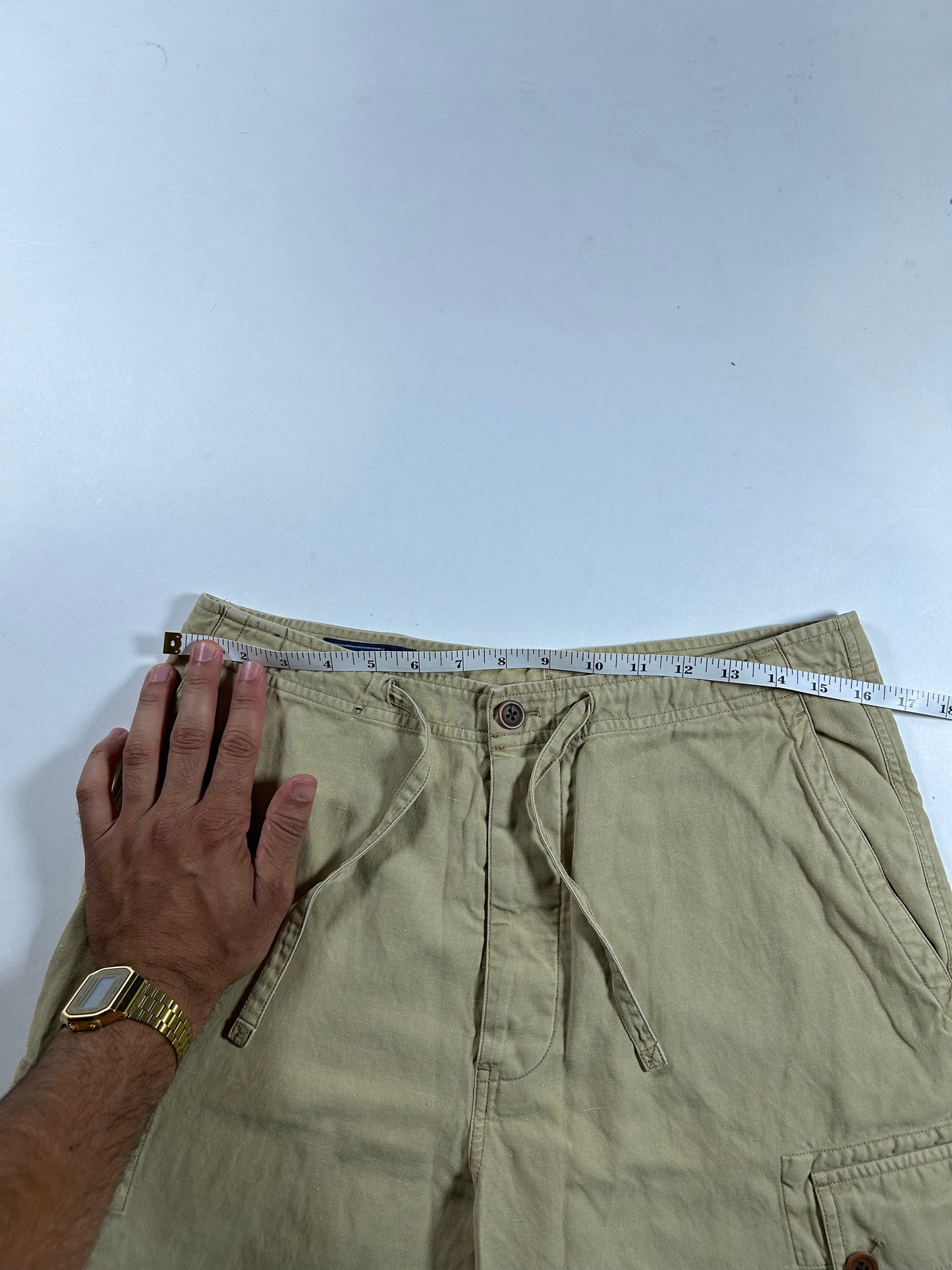 Vintage Polo Ralph Lauren Cargo Shorts Linen Silk Beige Drawstring Military Size 30 16.5x22.5 Inches