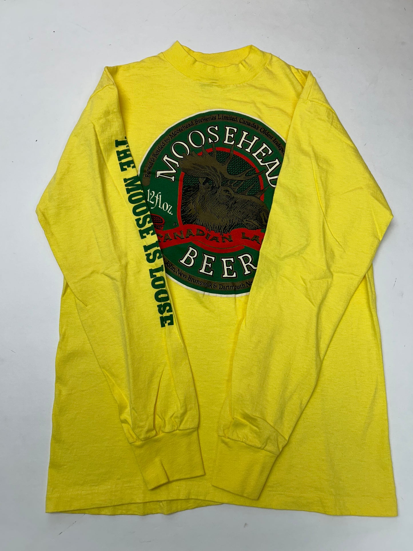 Vintage 80s Moosehead Beer Canadian Lager Long Sleeve T Shirt M/S 18.75x27 Yellow