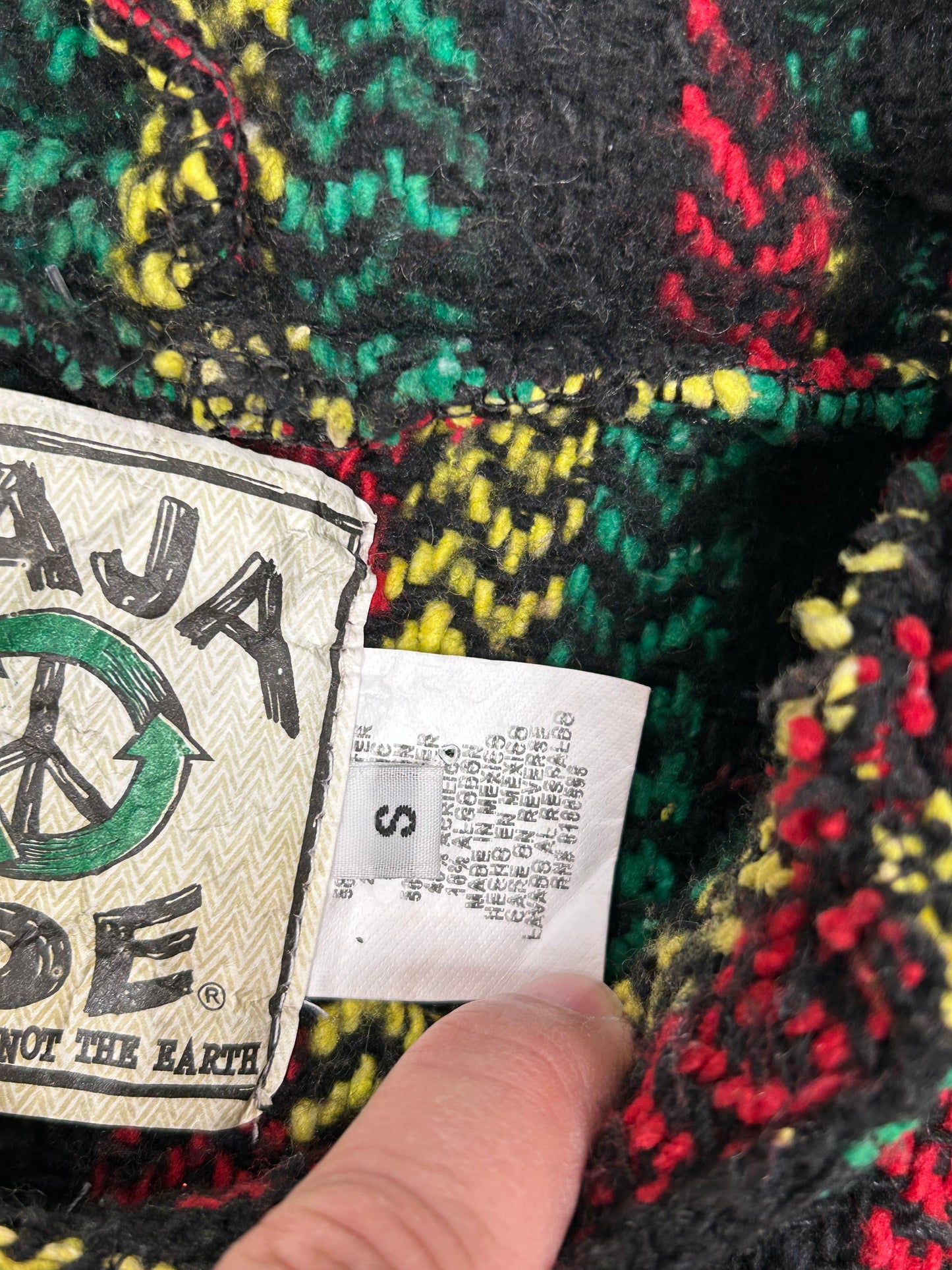 BAJA JOE Drug Rug Rasta Woven Knit Sweater Hoodie Jamaca Tagged Small Mexico