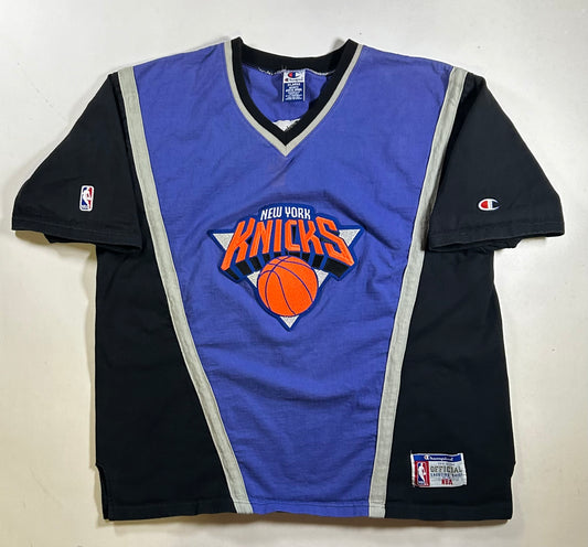 Vintage 90s New York Knicks Champion Authentic Shooting NBA Shirt XL 26x30.25 Inxhes As Is Has Faint Stain On Front Near V-Neck Area