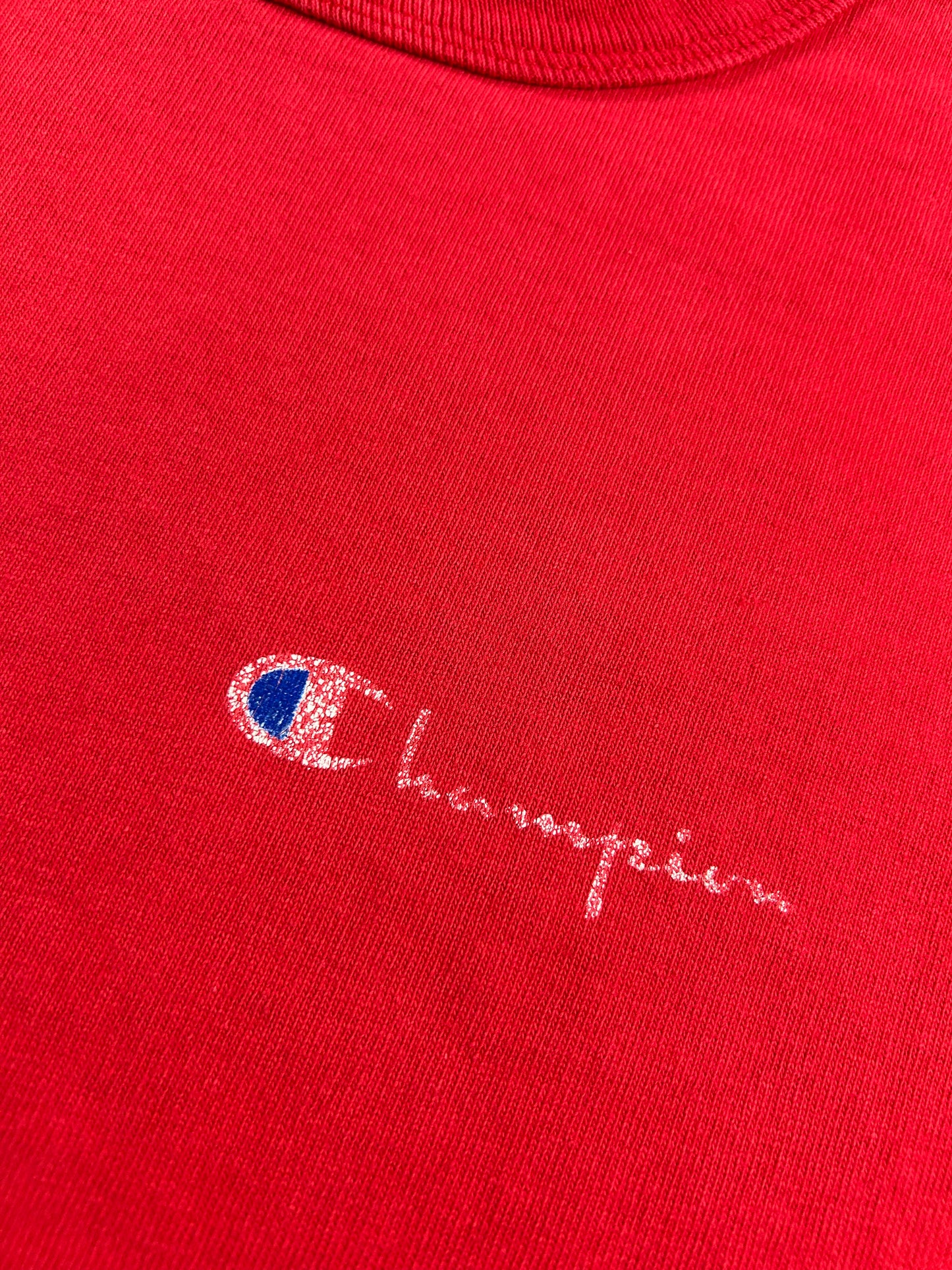 Vintage Champion Chest Script Logo Tee L/XL USA 22.25x31 Inches Red As Is