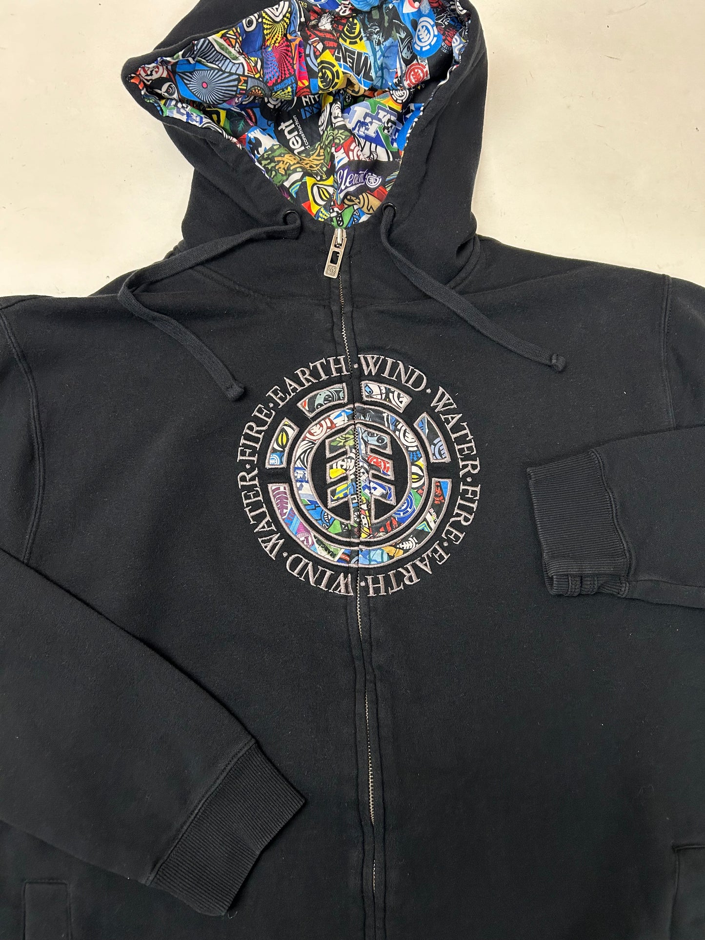 Vintage 00s Element Skatboards Earth•Wind•Water•Fire Collage Print Zip Up Hooded Sweatshirt XL/L Fit 24.25x30.25 Inches