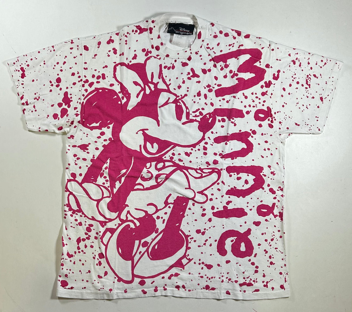 Vintage 90s Disney Originals Minnie Mouse All Over Print White/Pink Shirt XL/L Fit 23x28.5 Inches As Is