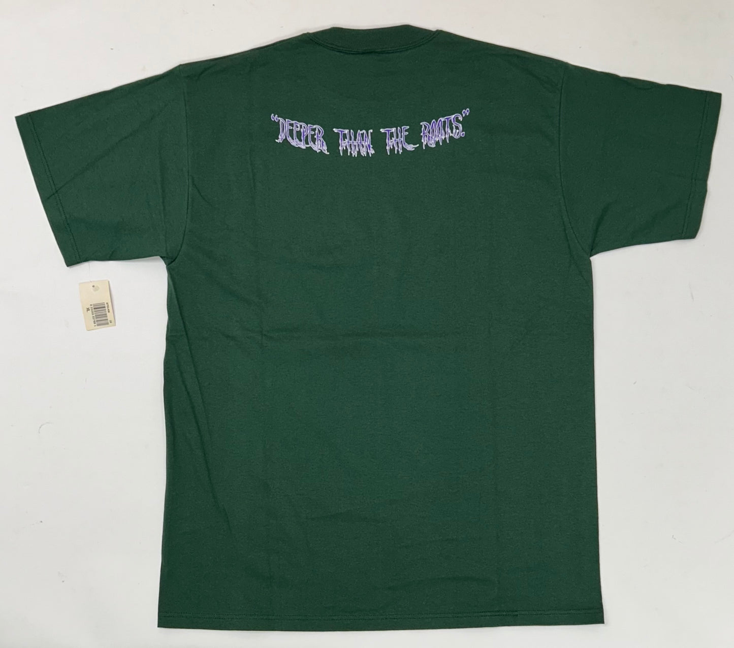 Edgewood NJ first edition “Deeper Than The Roots.” Tee XL 23.25x32 Inches 90s Russell Athletic Blank 100% Cotton USA Deep Forest Green