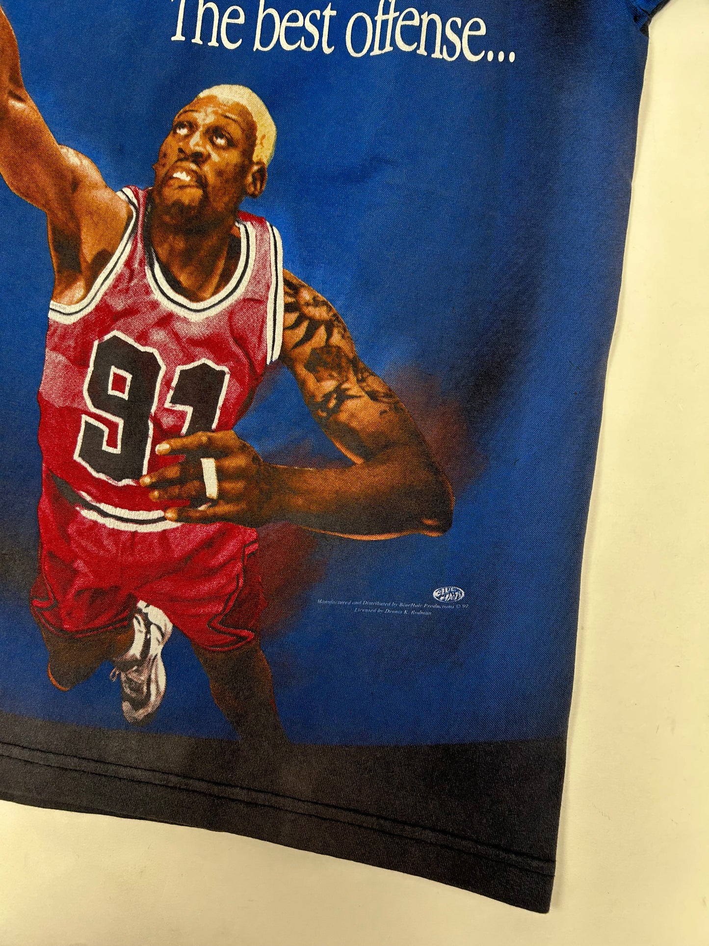 Vintage 1997 Dennis Rodman “The Best Offense Is A Great Defense” All Over Print Tee Tagged Large 22.5x30.5 Inches