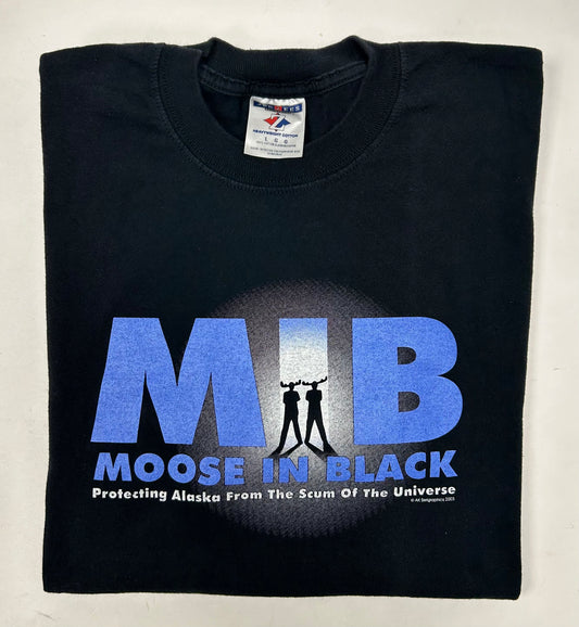 Vintage 2003 Moose In Black Movie Spoof Shirt Nature Alaska Y2K MIB Size Large 22.75x29.5