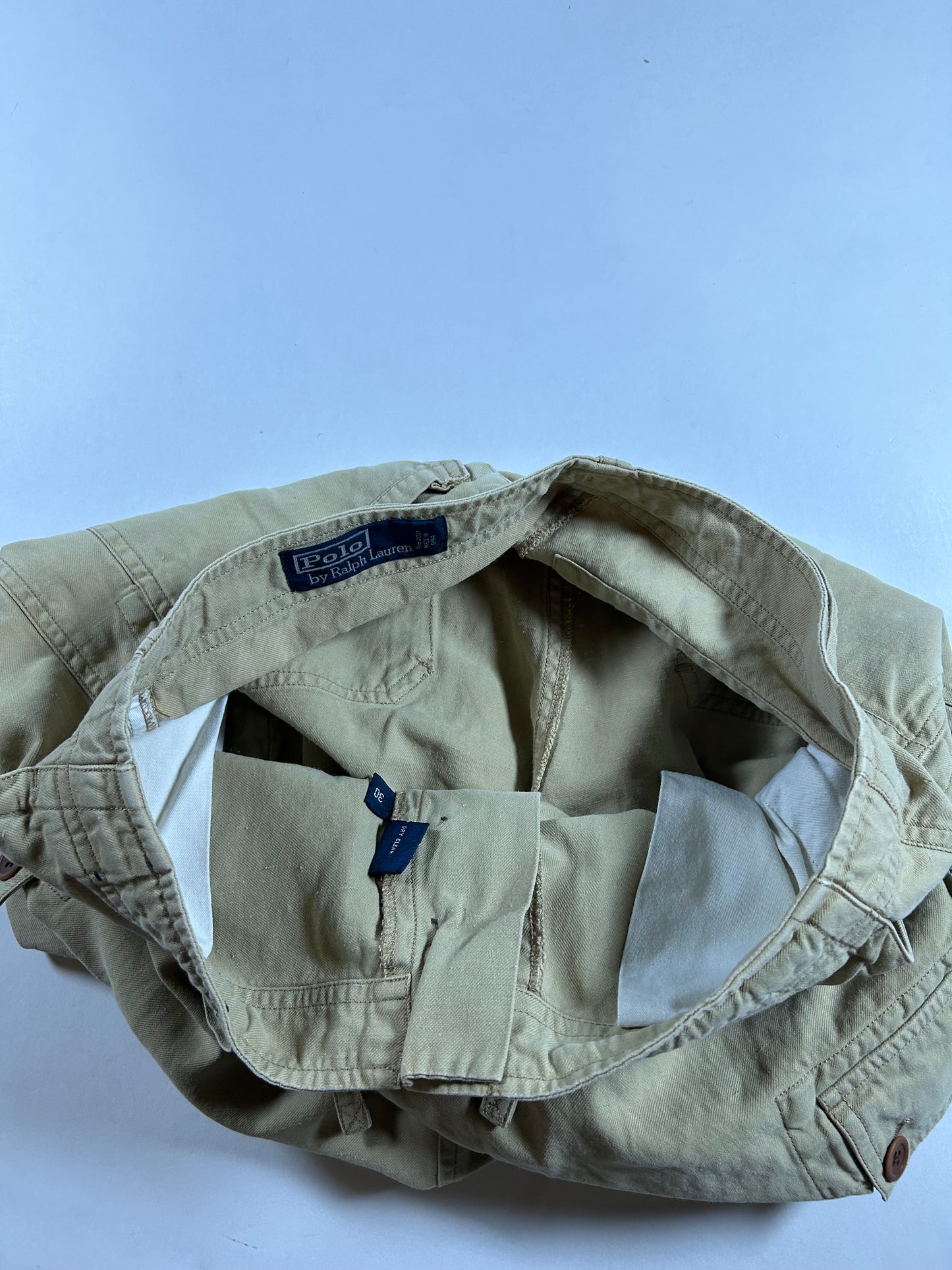 Vintage Polo Ralph Lauren Cargo Shorts Linen Silk Beige Drawstring Military Size 30 16.5x22.5 Inches