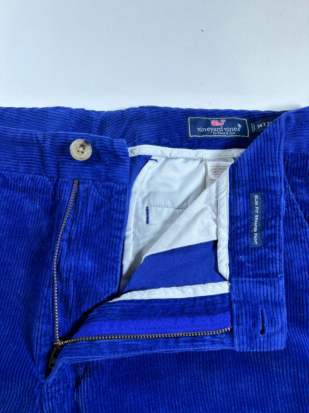 Vineyard Vines Corduroy Slim Stretch Breaker Pants 34x32 Royal Blue Preppy 2015 About 18x42 Inches
